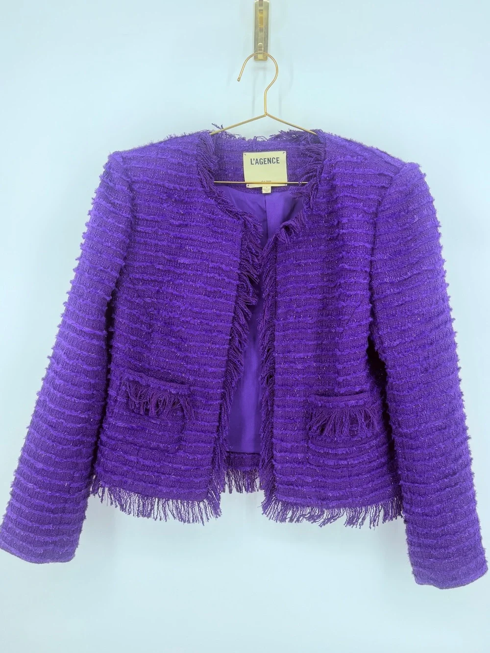 L’Agence Purple Tweed Fringe Jacket Blazer Wool Blend Womens Size 8 Open Front - Picture 5 of 8